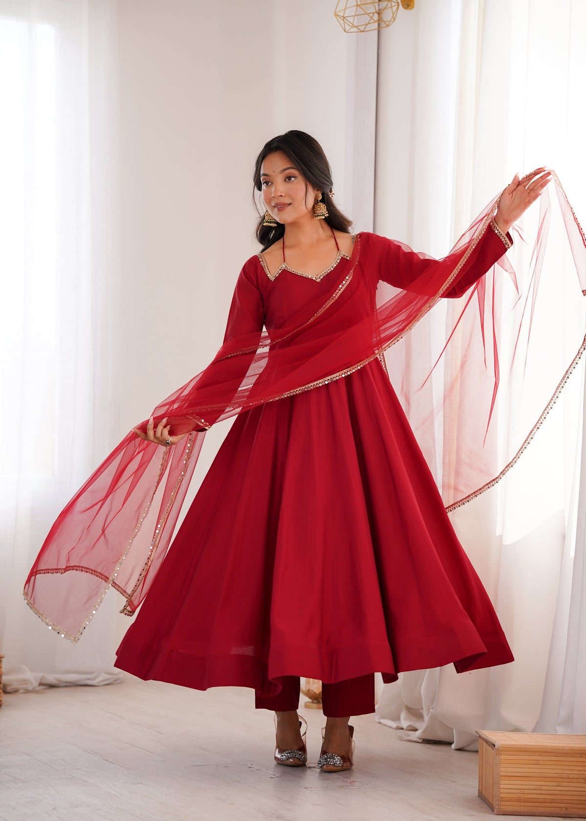 Maroon Roman Silk Chanderi Anarkali Gown with Pant and Dupatta