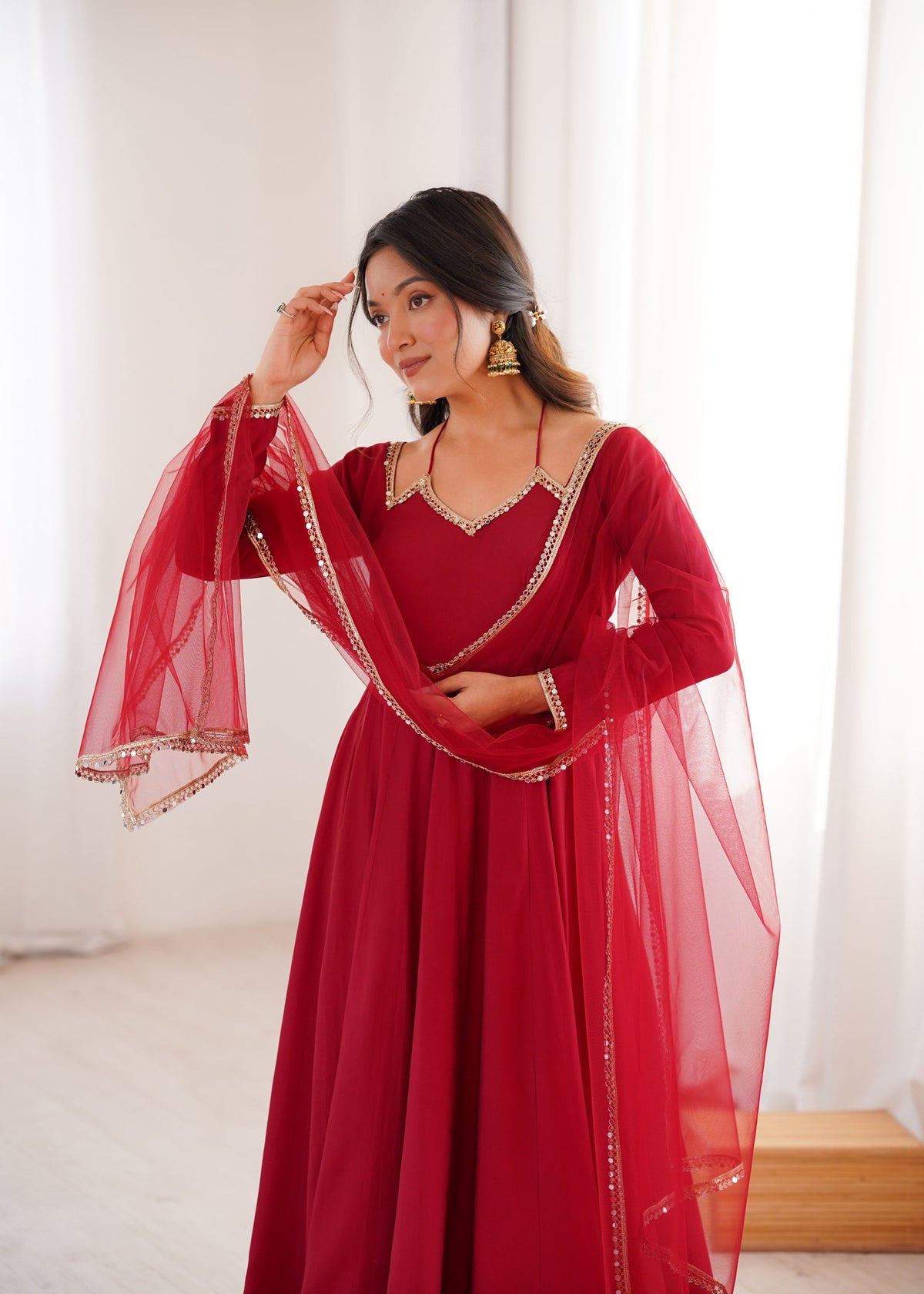 Maroon Roman Silk Chanderi Anarkali Gown with Pant and Dupatta