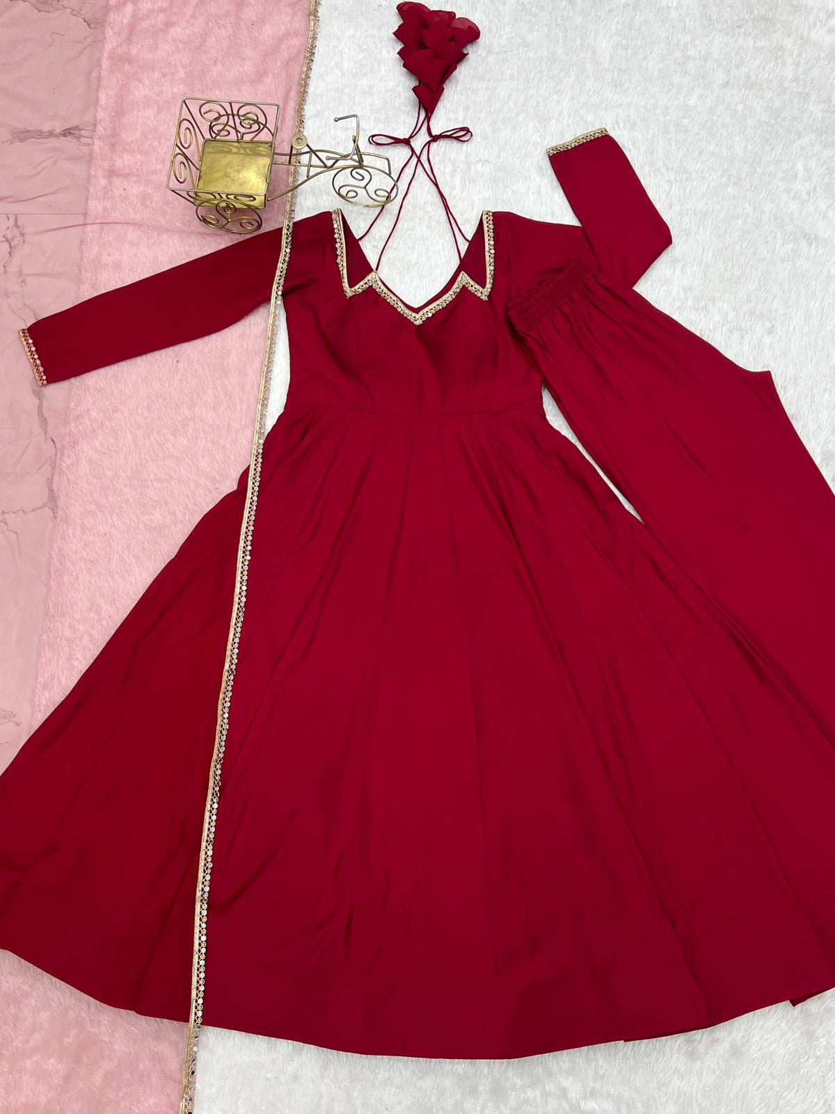 Maroon Roman Silk Chanderi Anarkali Gown with Pant and Dupatta