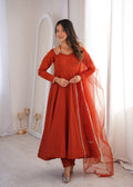 Rust Romansilk Chanderi Anarkali Gown with Fancy Lace Detail