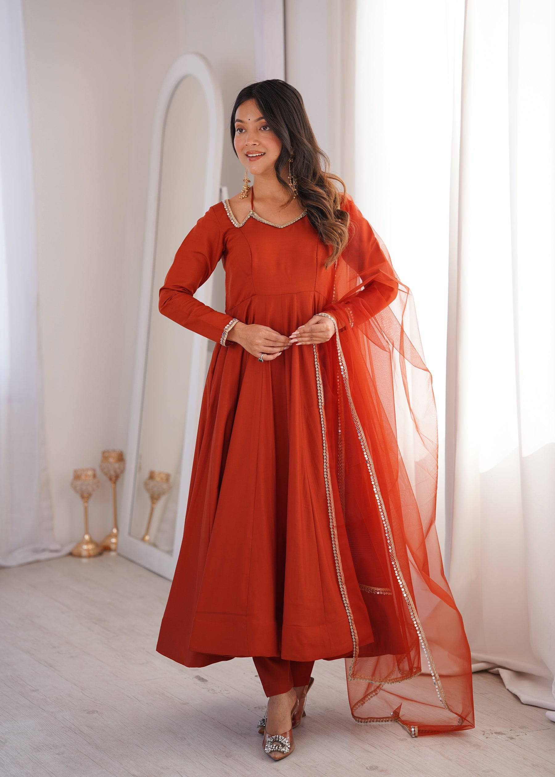 Rust Romansilk Chanderi Anarkali Gown with Fancy Lace Detail