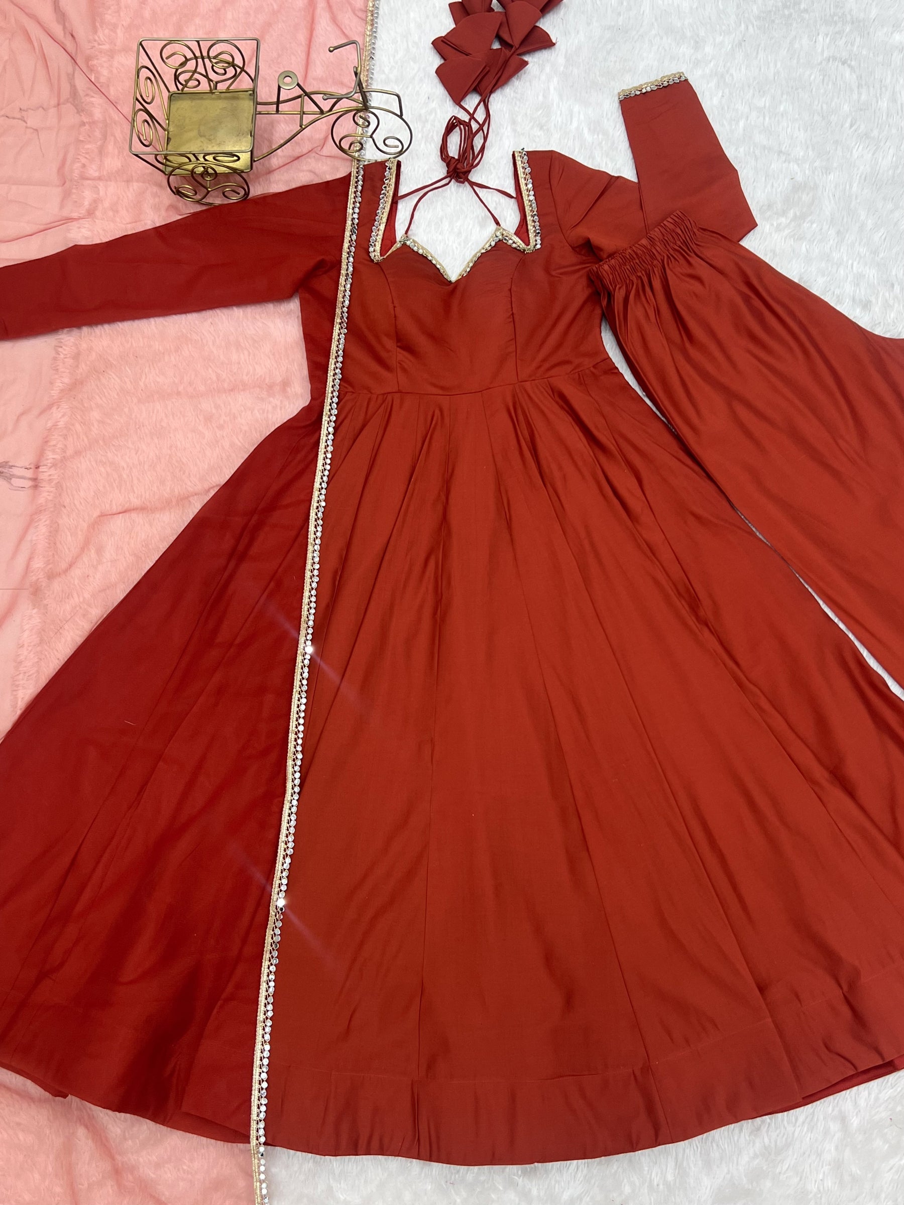 Rust Romansilk Chanderi Anarkali Gown with Fancy Lace Detail