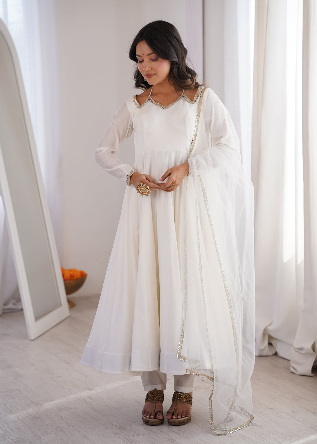 White Romansilk Chanderi Anarkali Gown with Pant and Dupatta Set