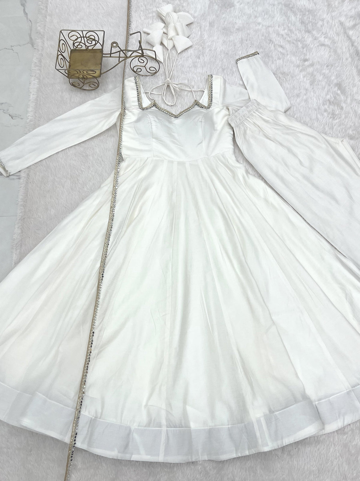 White Romansilk Chanderi Anarkali Gown with Pant and Dupatta Set