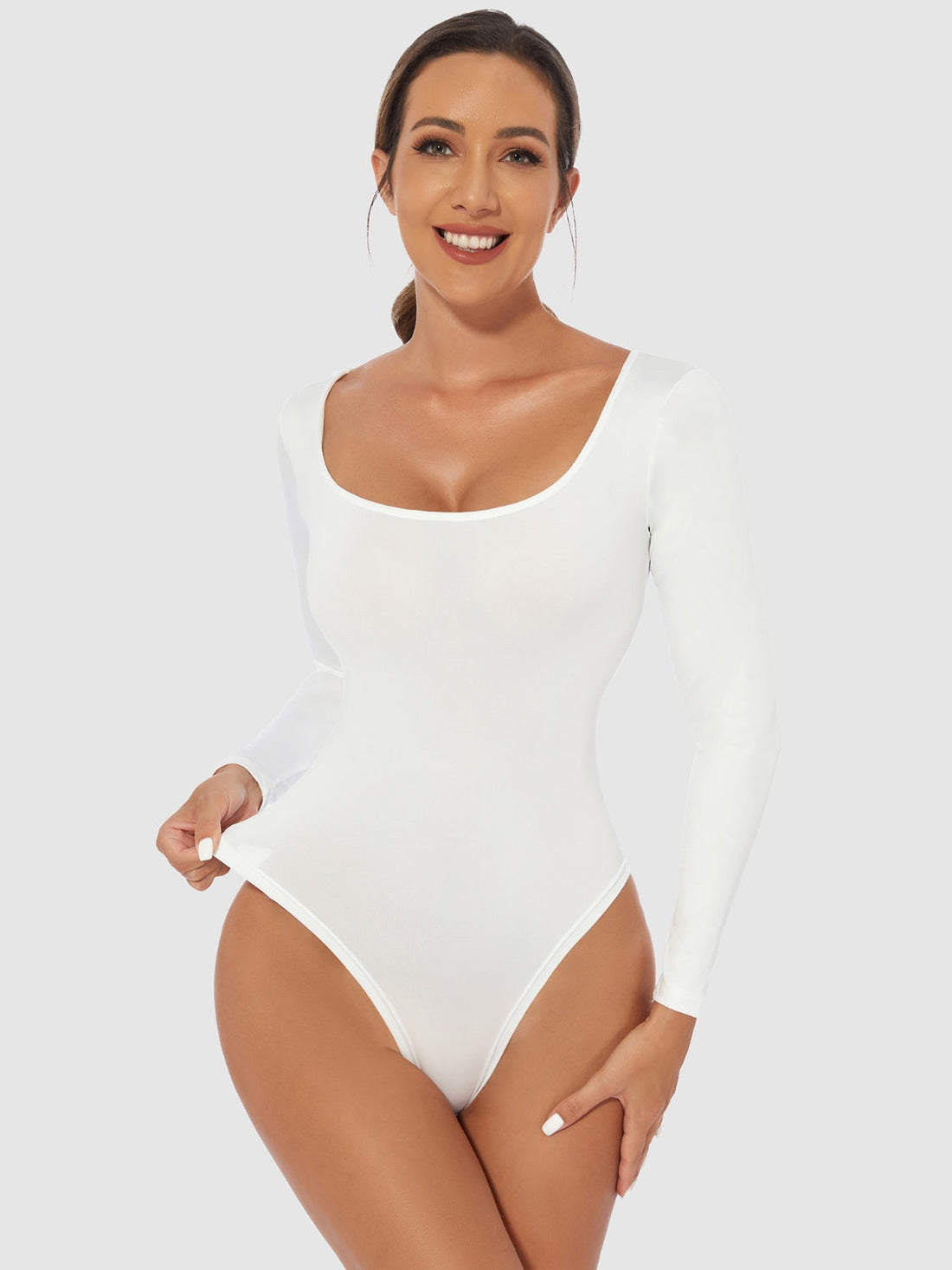 Women's White Long Sleeve Scoop Neck Basic Bodysuit - Image 2