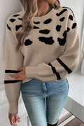 Khaki Leopard Striped Detail Drop Shoulder Sweater