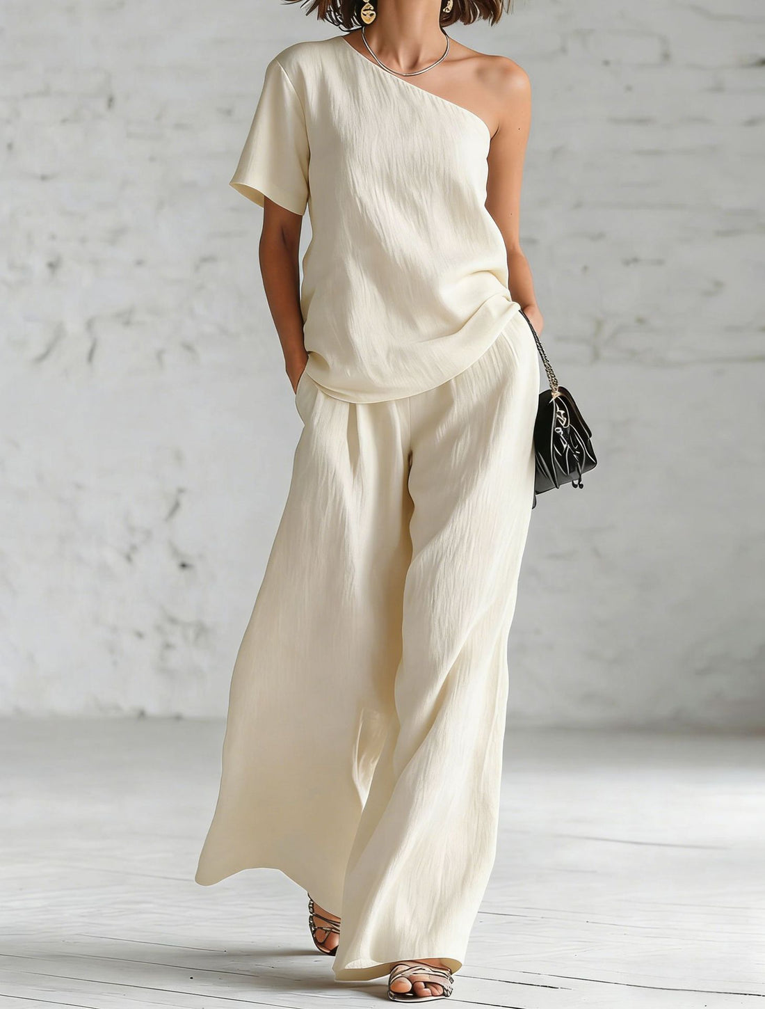 Women's One-Shoulder Top and Wide-Leg Pants Two-Piece Set - Image 9