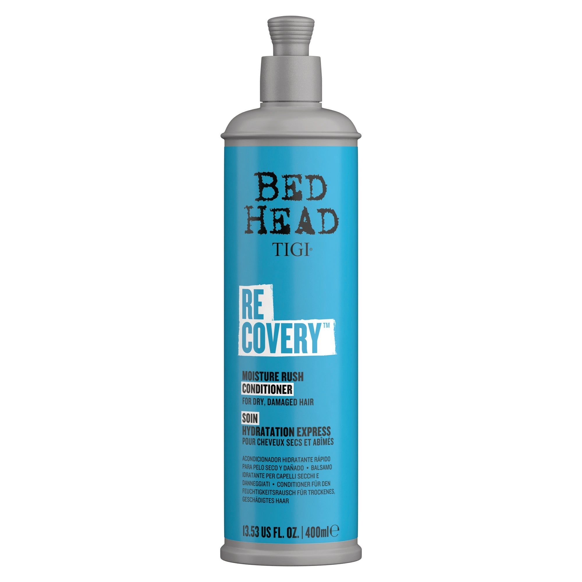 TIGI Bed Head Recovery Moisture Rush Conditioner bottle in blue and grey packaging.