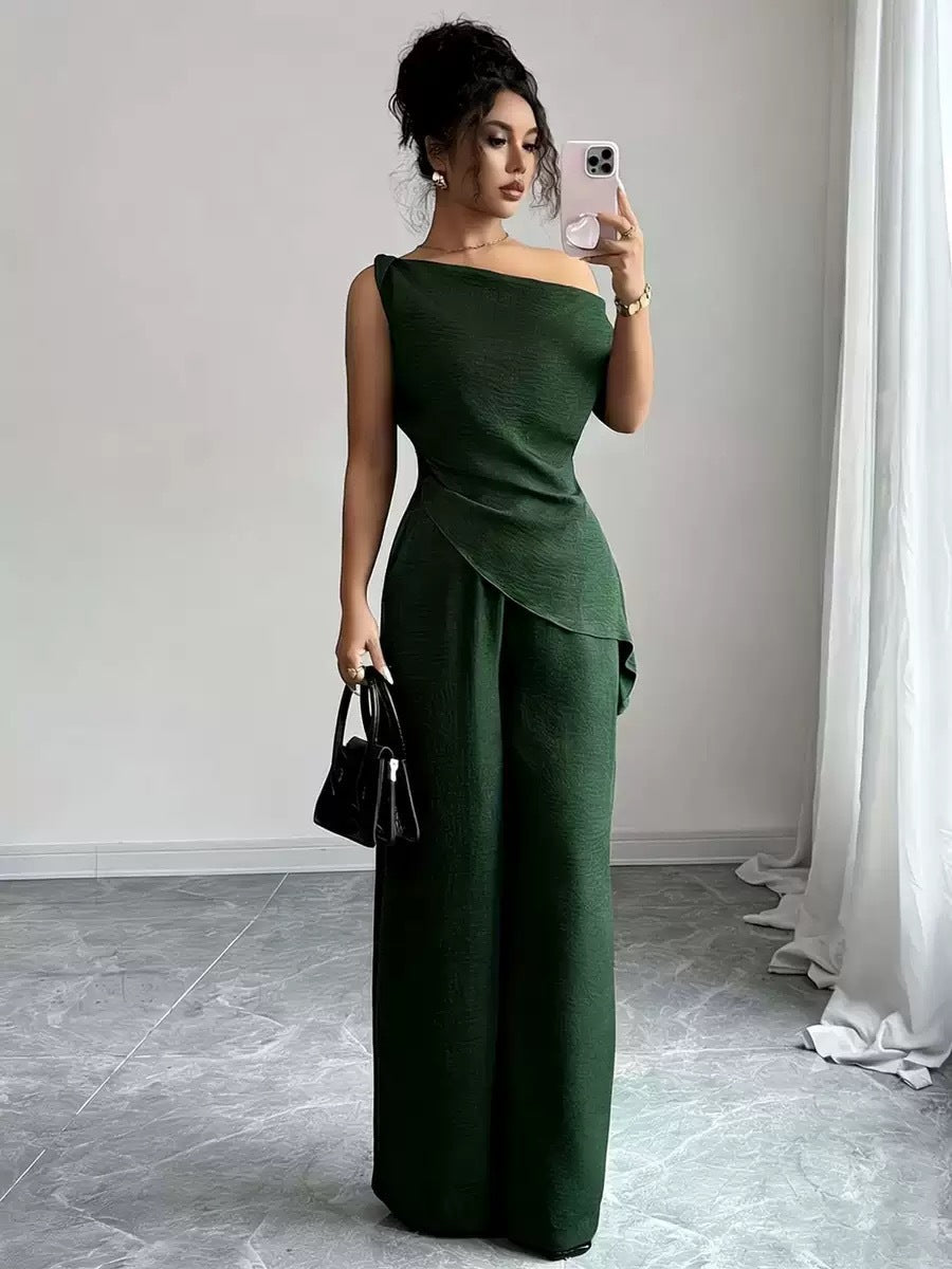 One-Shoulder Asymmetric Top & Wide-Leg Pants 2-Piece Co-ord Set