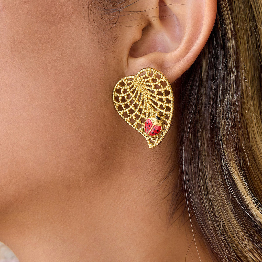 18K Gold Ladybug and Leaf Stud Earrings Nature-Inspired Jewelry