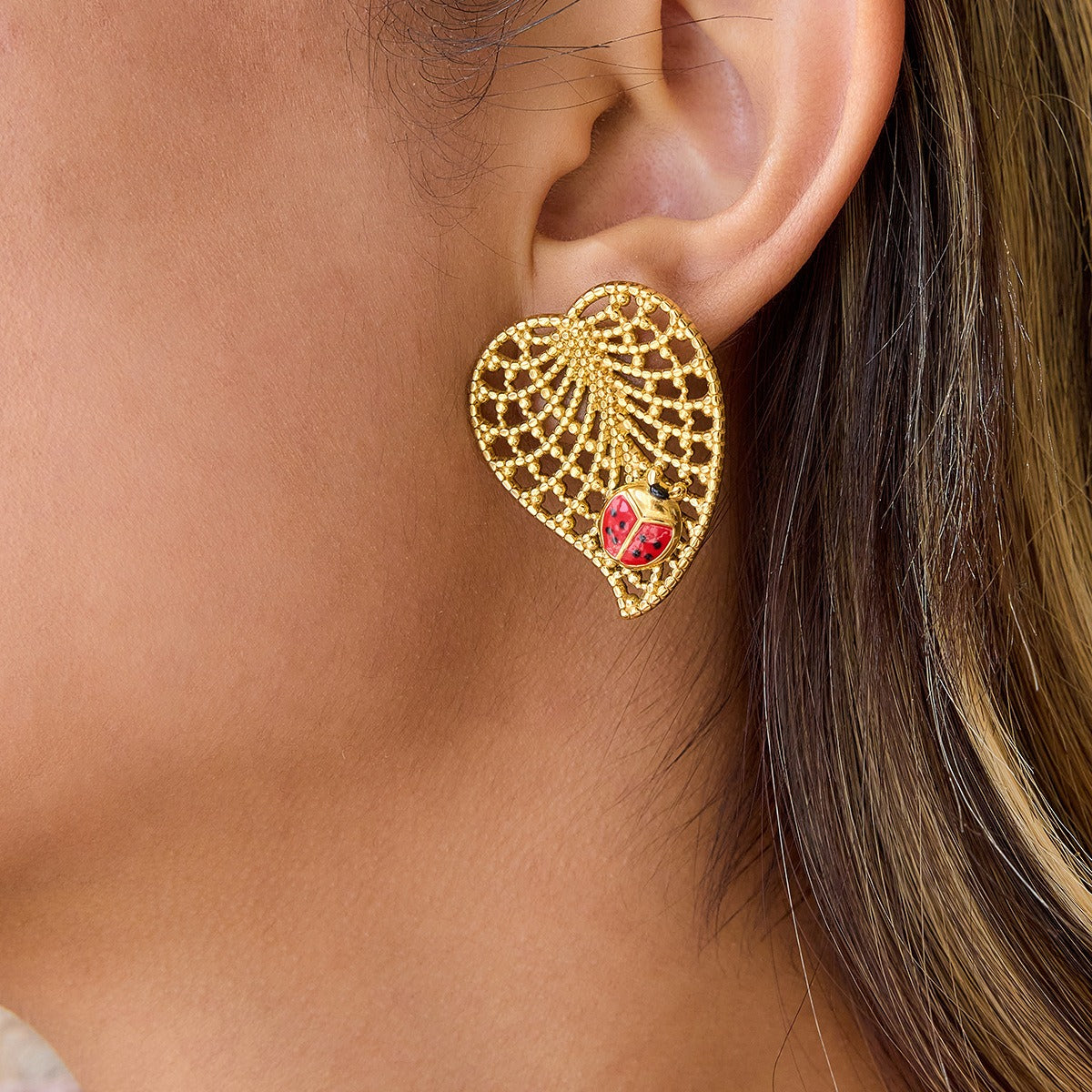 18K Gold Ladybug and Leaf Stud Earrings Nature-Inspired Jewelry