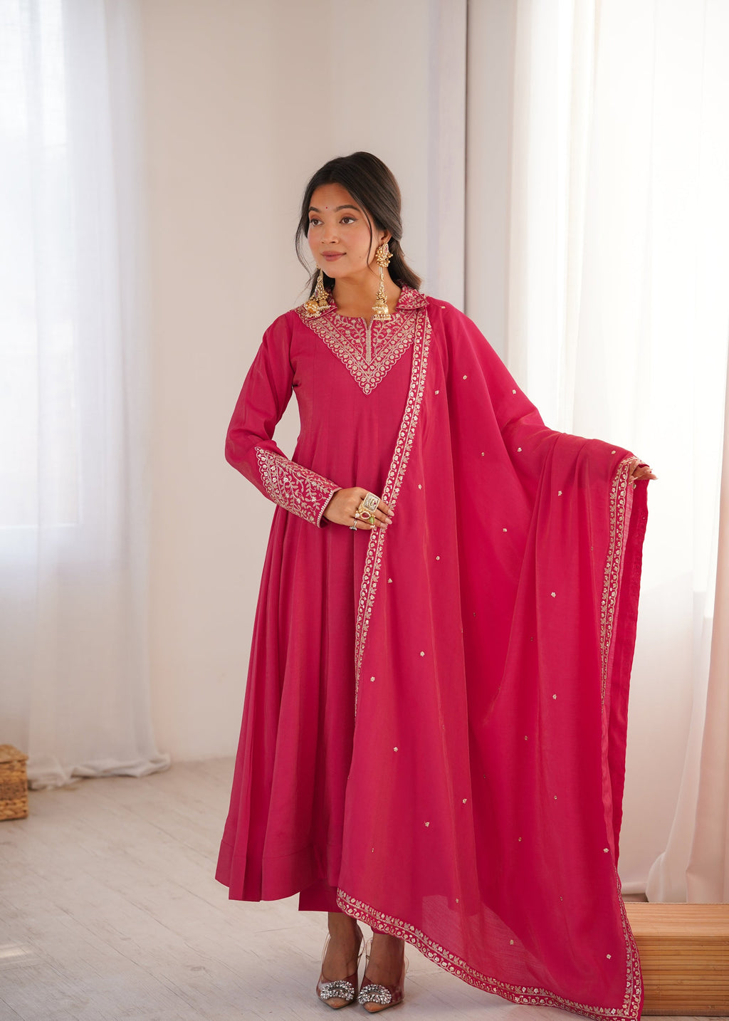 Magenta Roman Shimmer Silk Anarkali Gown with Sequence Work