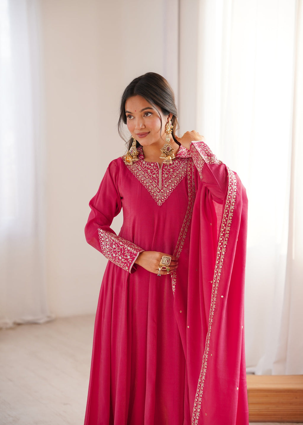 Magenta Roman Shimmer Silk Anarkali Gown with Sequence Work