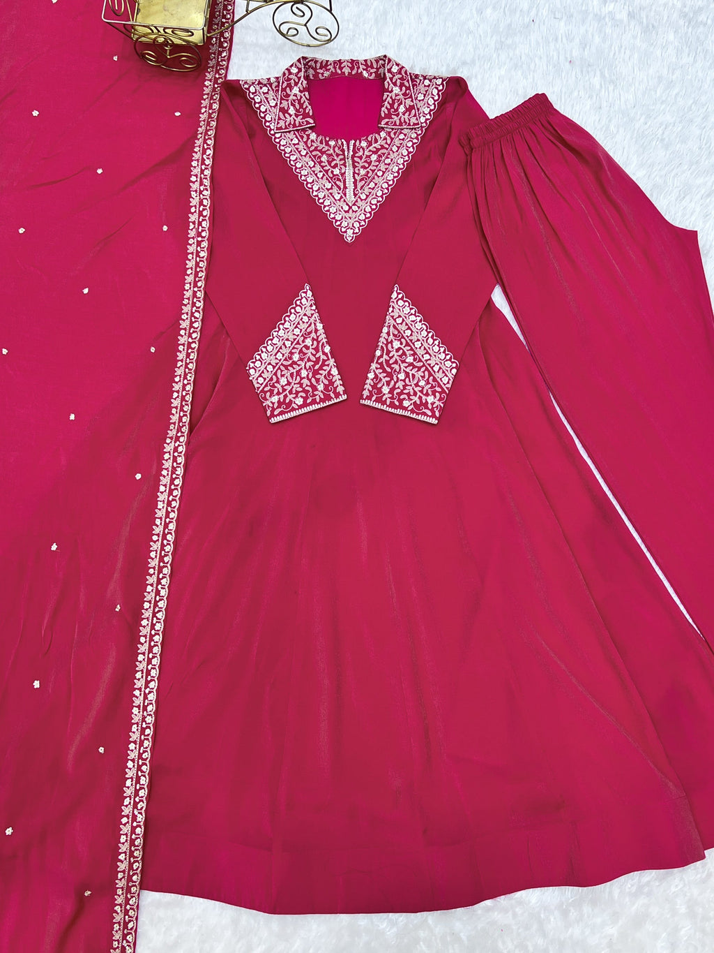 Magenta Roman Shimmer Silk Anarkali Gown with Sequence Work