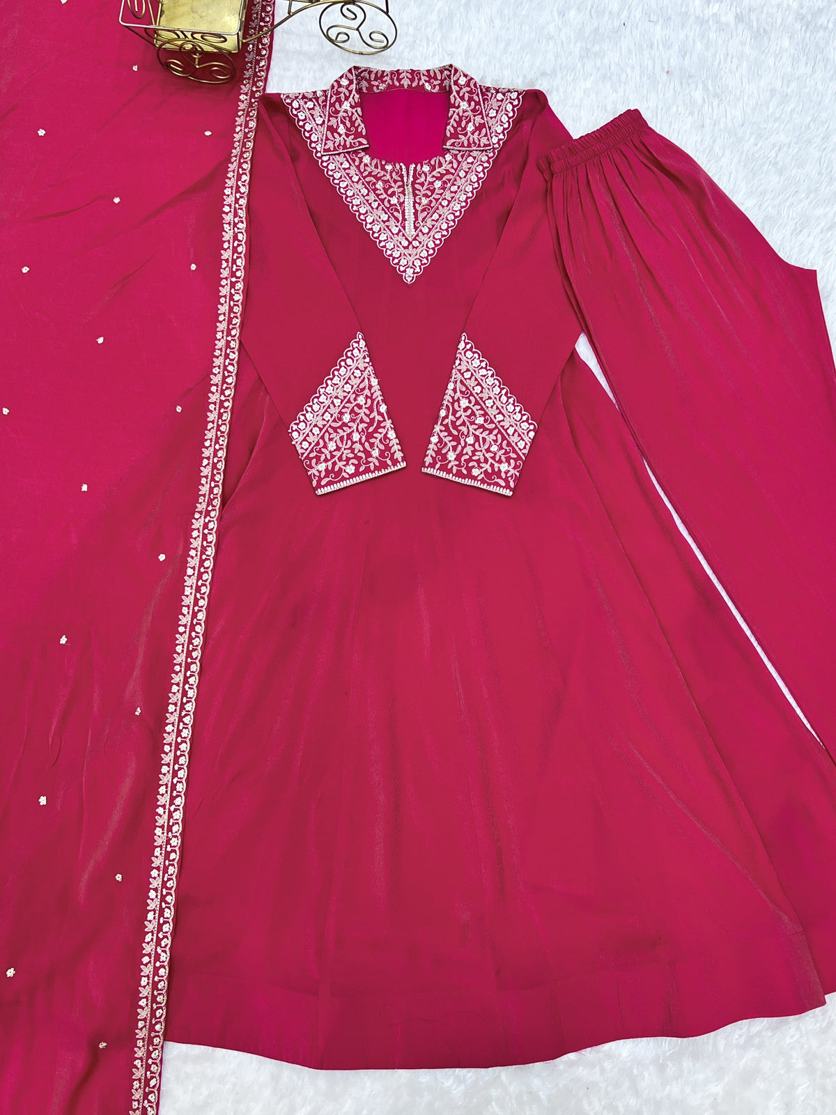 Magenta Roman Shimmer Silk Anarkali Gown with Sequence Work
