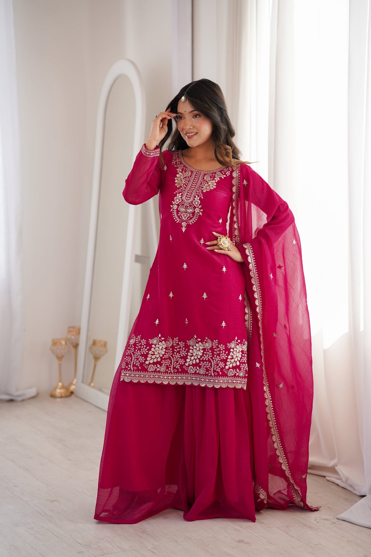 Magenta Soft Crunchy Silk Kurta Palazzo Set with Sequence Work
