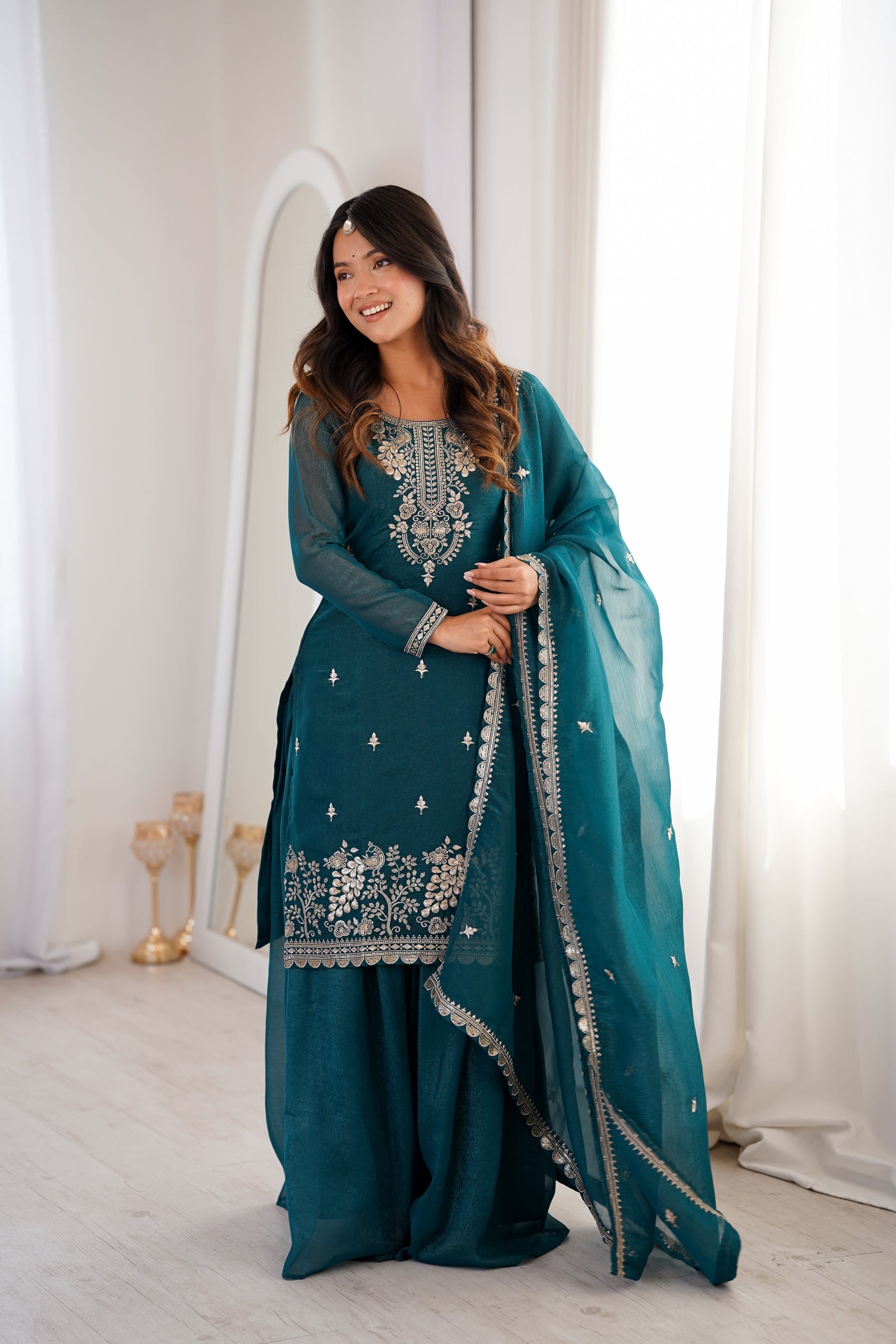 Teal Soft Crunchy Silk Kurta Palazzo Set with Jari Work