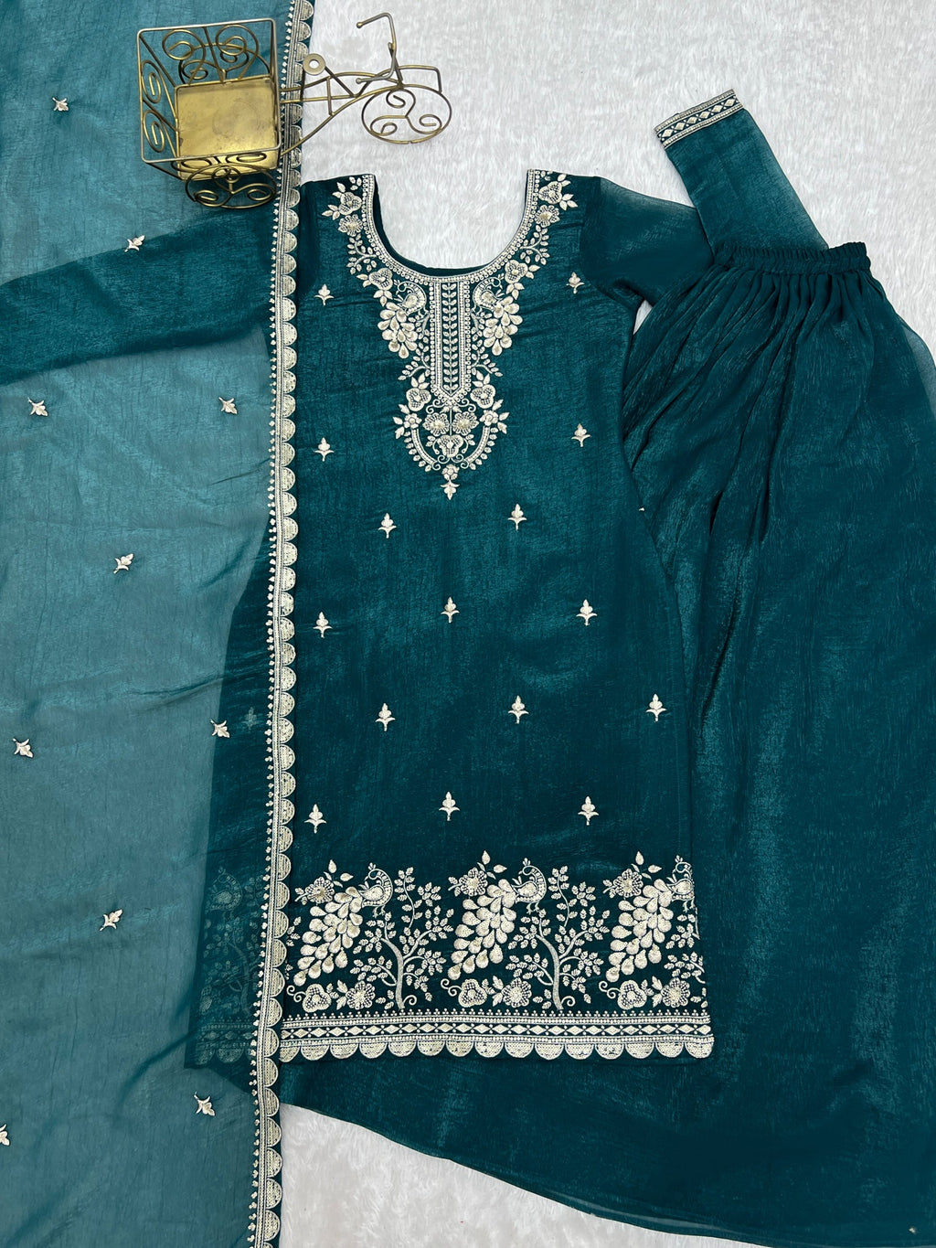 Teal Soft Crunchy Silk Kurta Palazzo Set with Jari Work