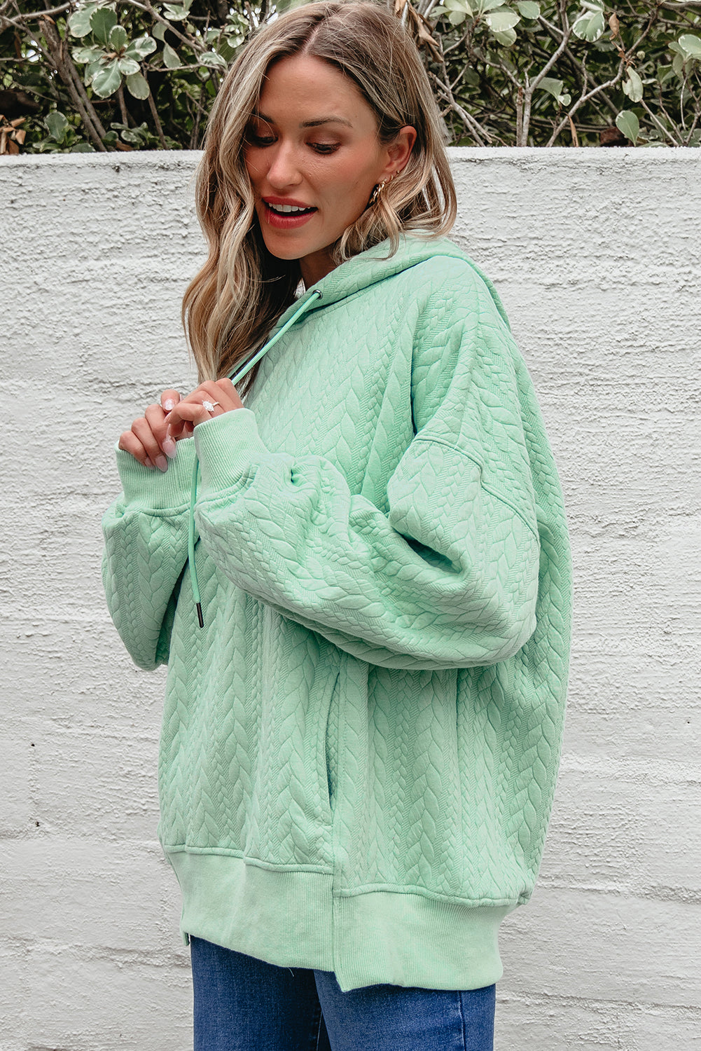 Moonlight Jade Cable Textured Baggy Hoodie