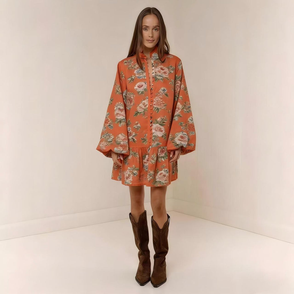 Floral Print Lantern Sleeve Mini Dress Button Front Linen Blend - Image 6