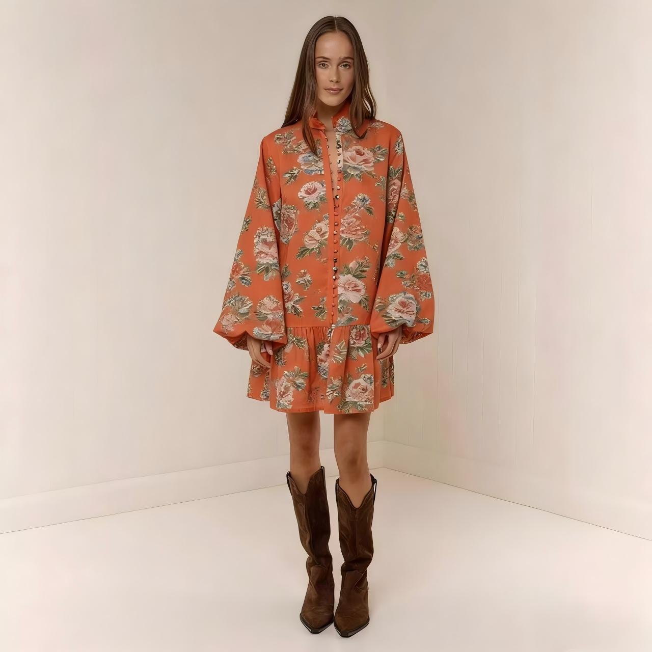Floral Print Lantern Sleeve Mini Dress Button Front Linen Blend - Image 6