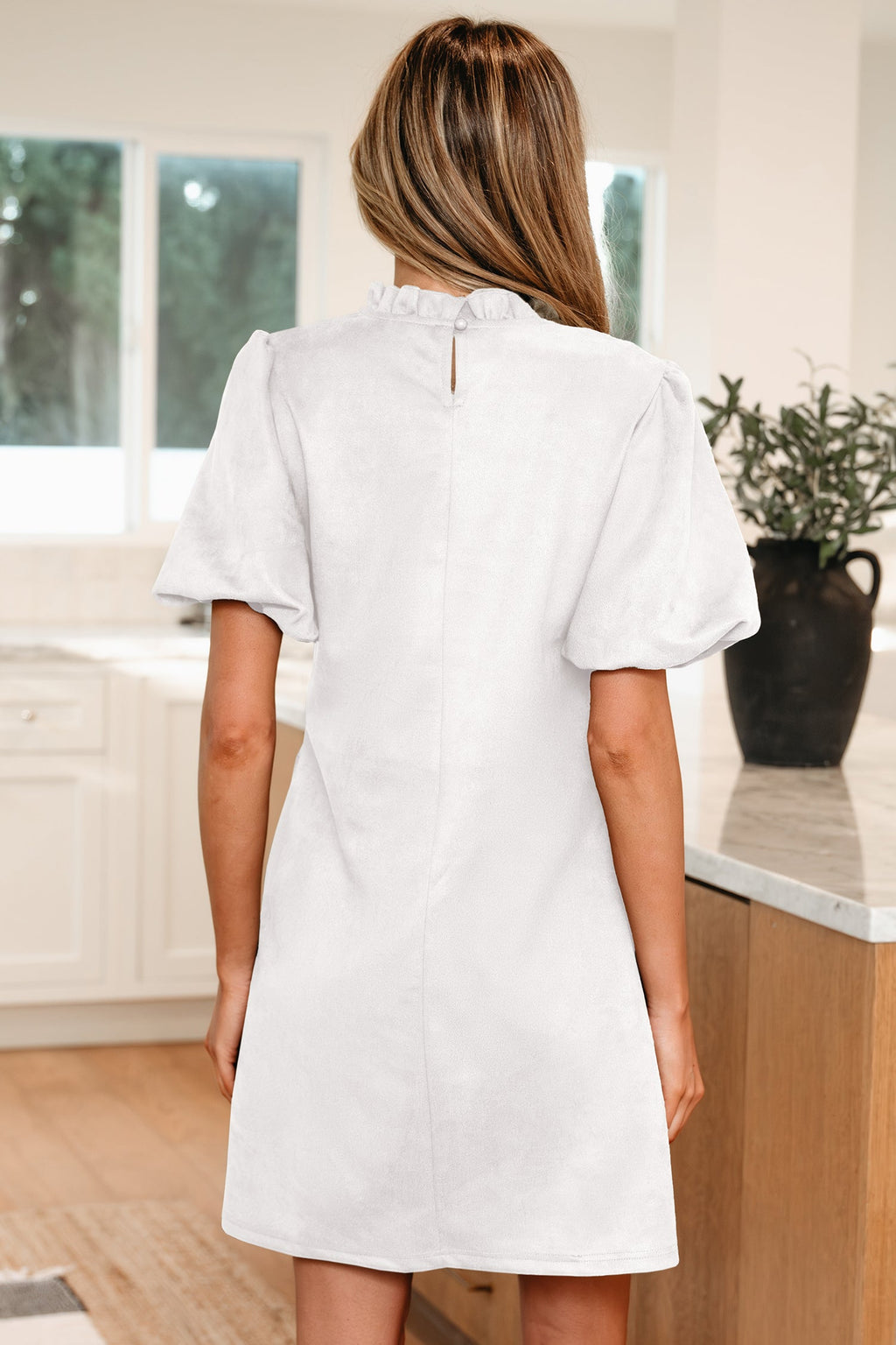 White Mini Shift Dress with Frilled Neck and Puff Sleeves - Image 2