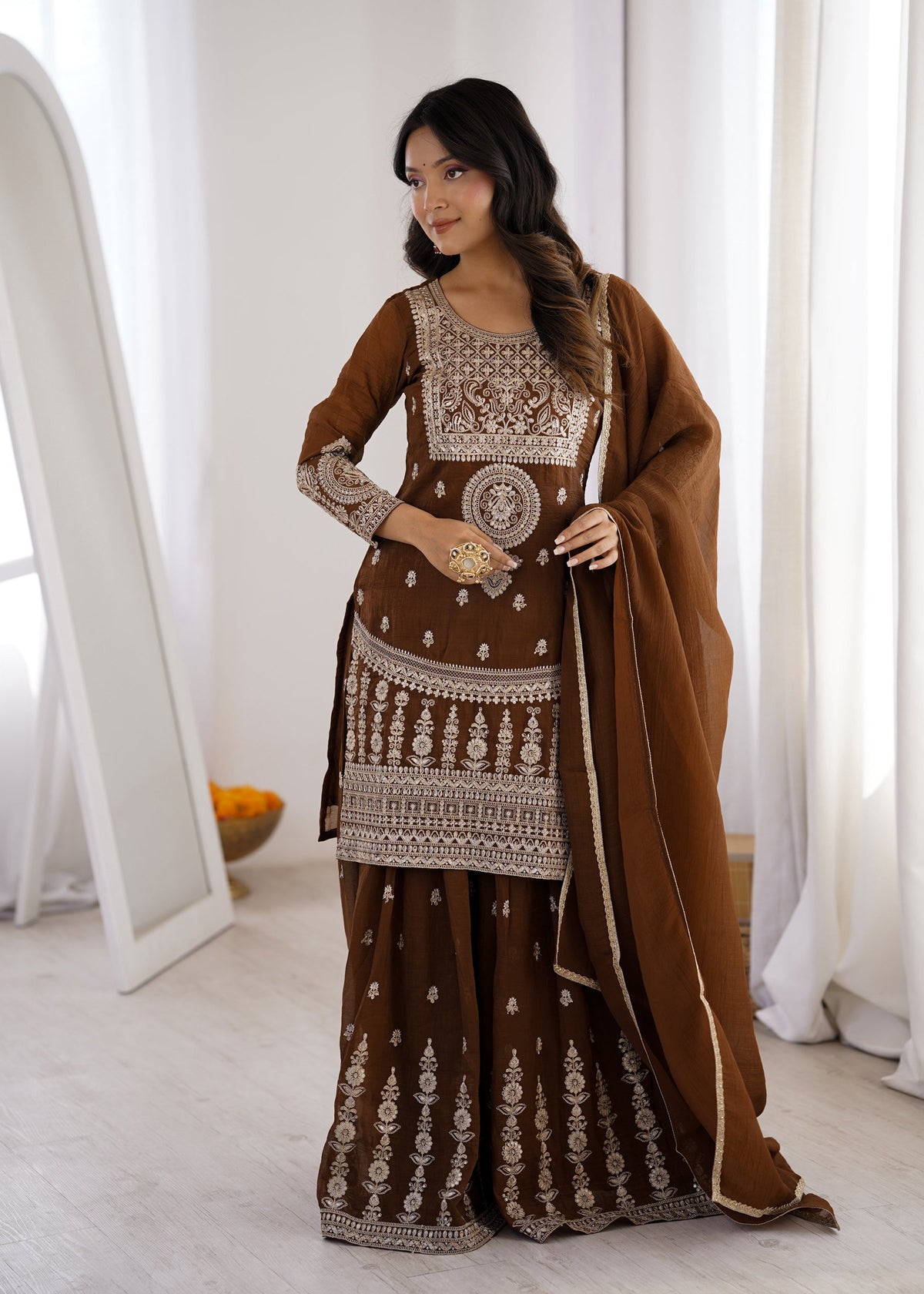 Brown Soft Crunchy Silk Kurta Palazzo Set with Dori & Jari Work