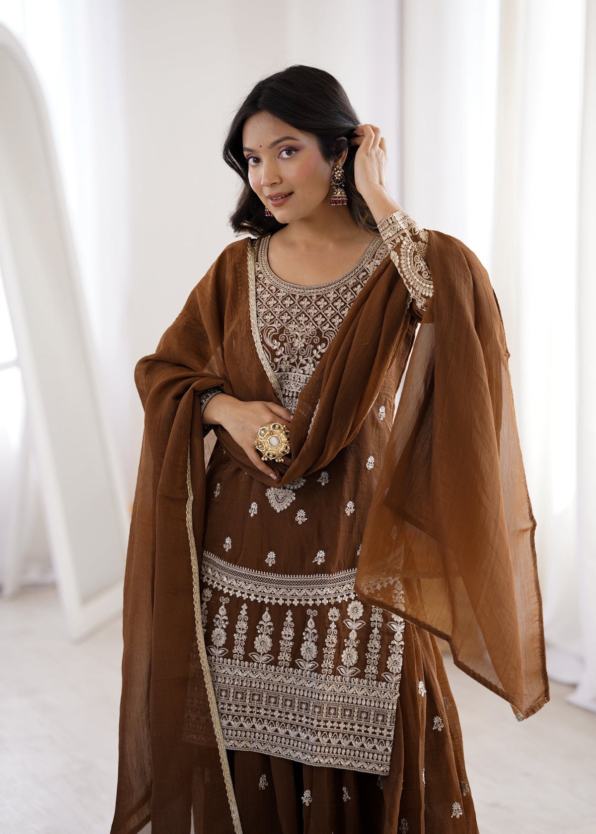 Brown Soft Crunchy Silk Kurta Palazzo Set with Dori & Jari Work