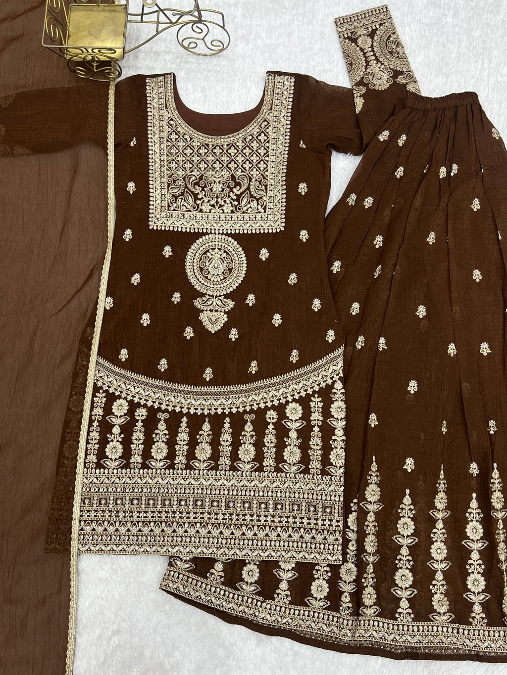 Brown Soft Crunchy Silk Kurta Palazzo Set with Dori & Jari Work