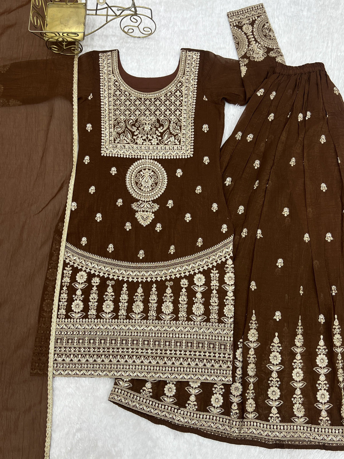 Brown Soft Crunchy Silk Kurta Palazzo Set with Dori & Jari Work