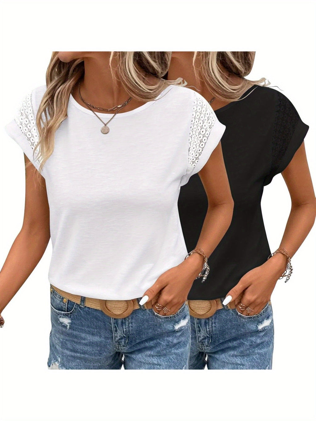 Two Pack Women's Cap Sleeve Tops with Lace Trim Details - Image 4