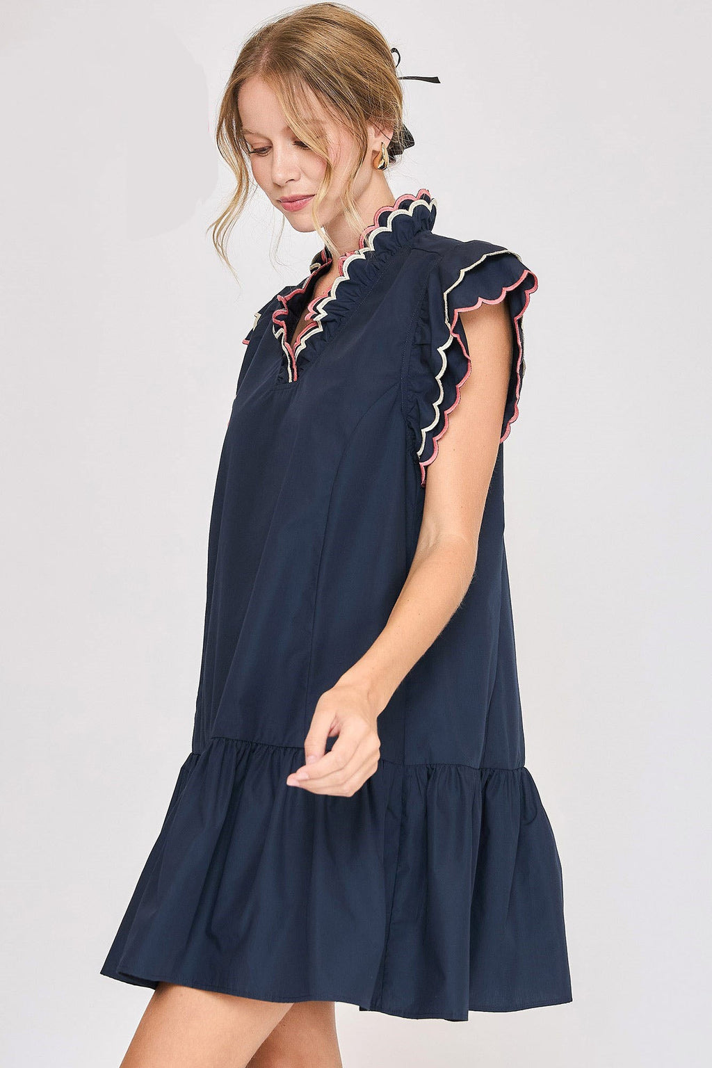 Dark Navy Ruffled Sleeve Cotton Dress with Scalloped Trim