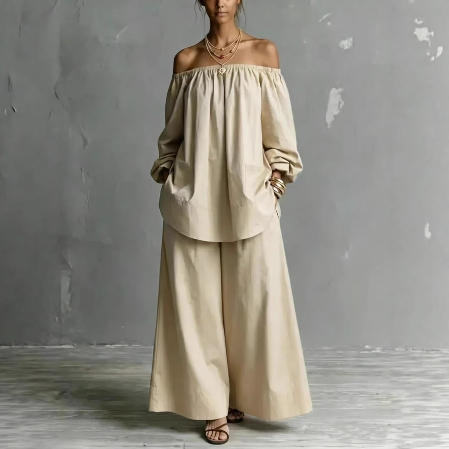 Off-Shoulder Cotton-Linen Wide-Leg Pants Set - Breathable Two-Piece - Image 3