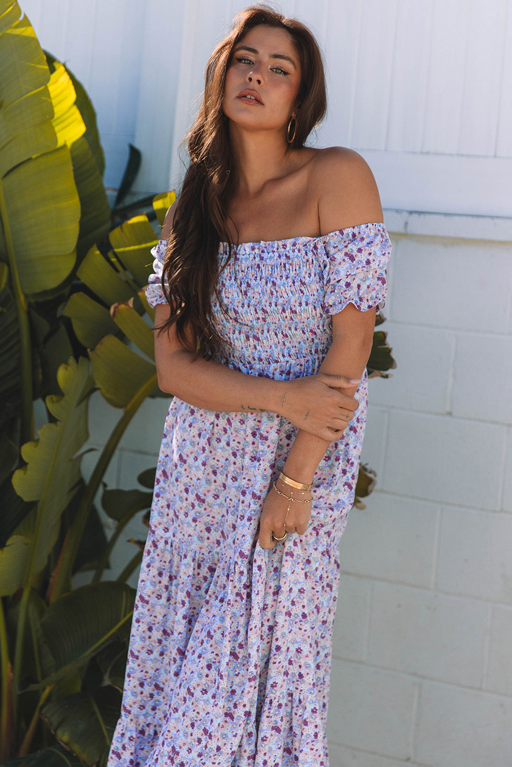Floral Bubble Sleeve Shirred High Waist Maxi Dress