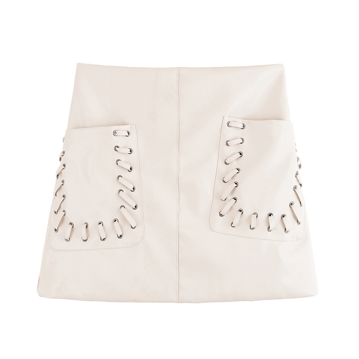 An off-white A-line mini skirt with decorative lace-up details on front patch pockets, displayed flat.