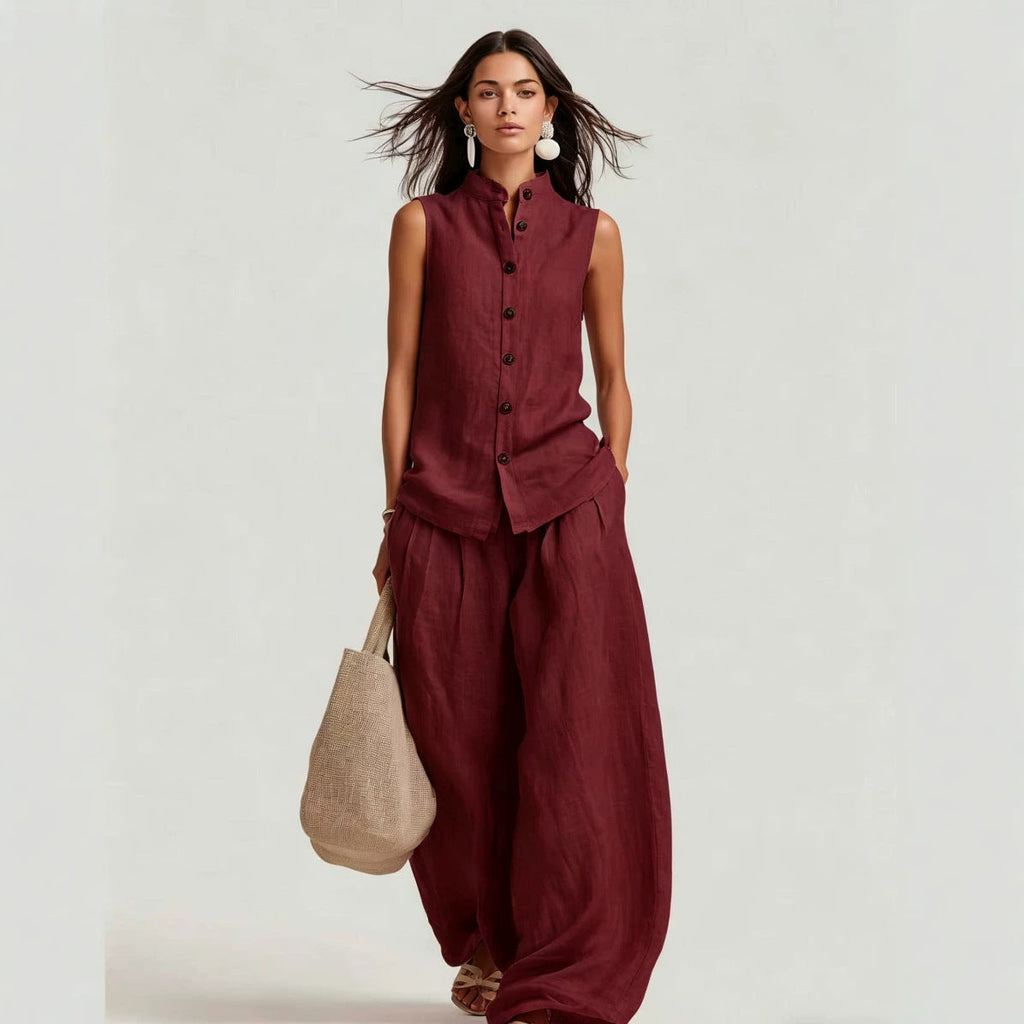 Sleeveless Stand Collar Top and Wide-Leg Pants Set - Image 2