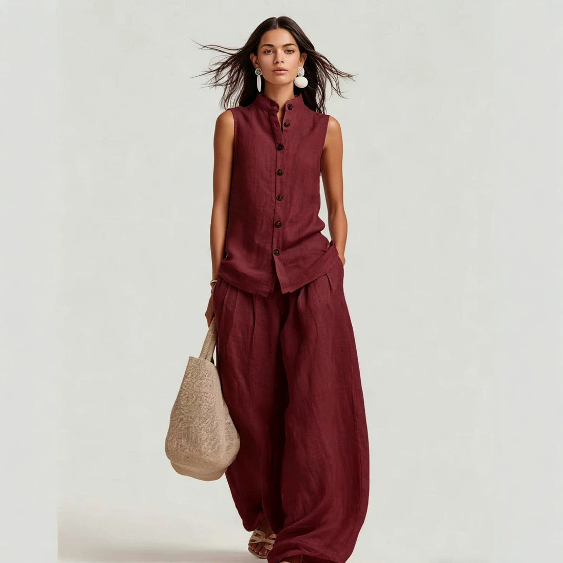Sleeveless Stand Collar Top and Wide-Leg Pants Set - Image 2