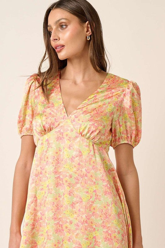 Floral V-Neck Puff Sleeve Mini Dress - Fashion-Forward Satin
