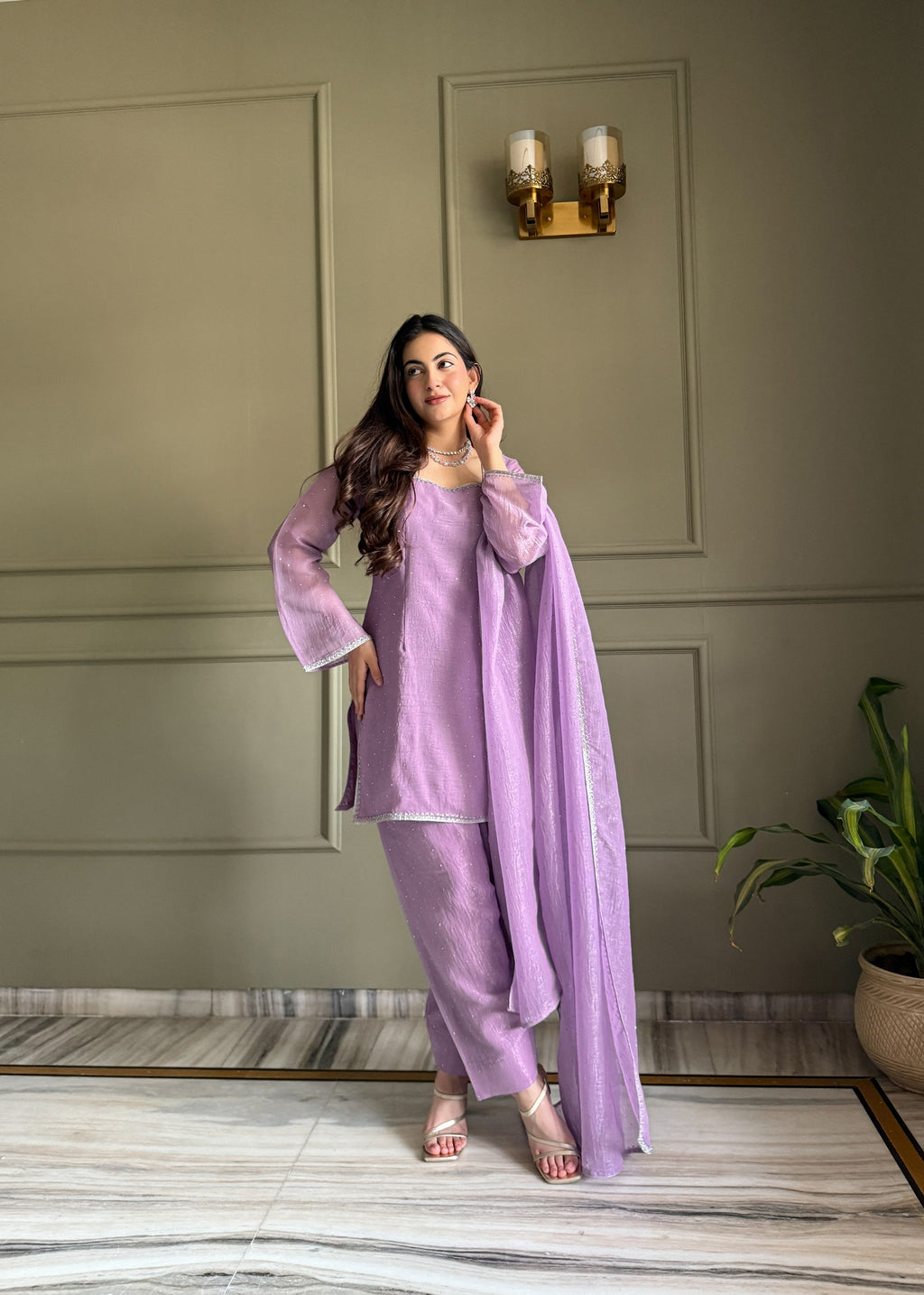 Lavender Crunchy Silk Salwar Suit with Siroski crystals and fancy lace detailing