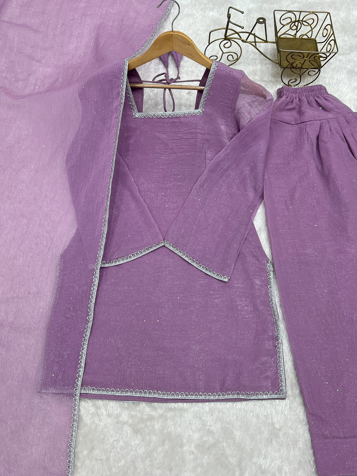 Lavender Crunchy Silk Salwar Suit with Siroski and Lace Work
