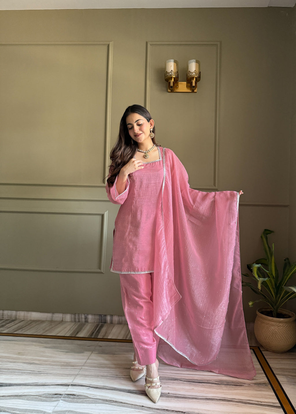 Pink Crunchy Silk Kurta Salwar Set with Siroski and Lace Work