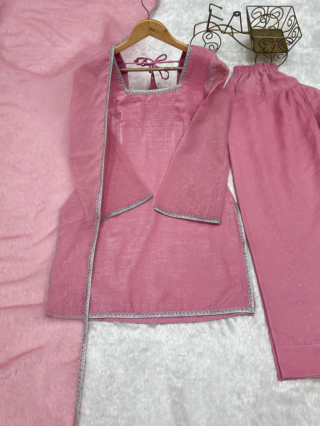 Pink Crunchy Silk Kurta Salwar Set with Siroski and Lace Work