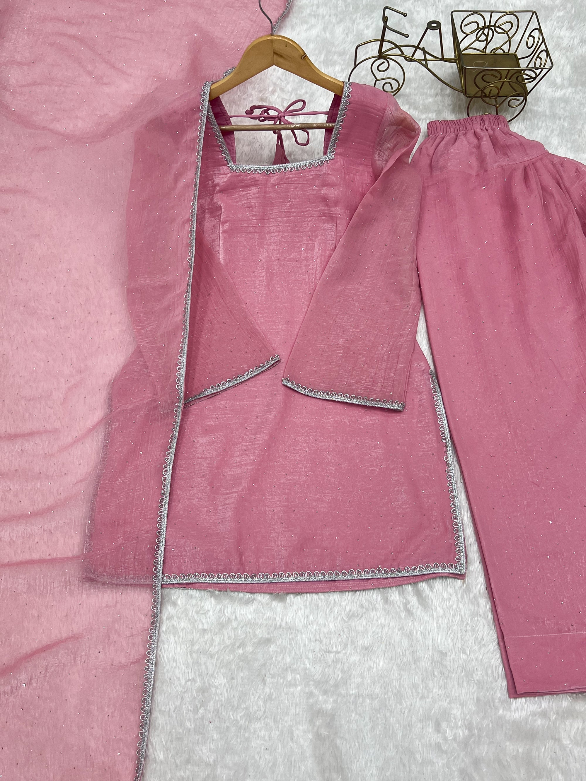 Pink Crunchy Silk Kurta Salwar Set with Siroski and Lace Work