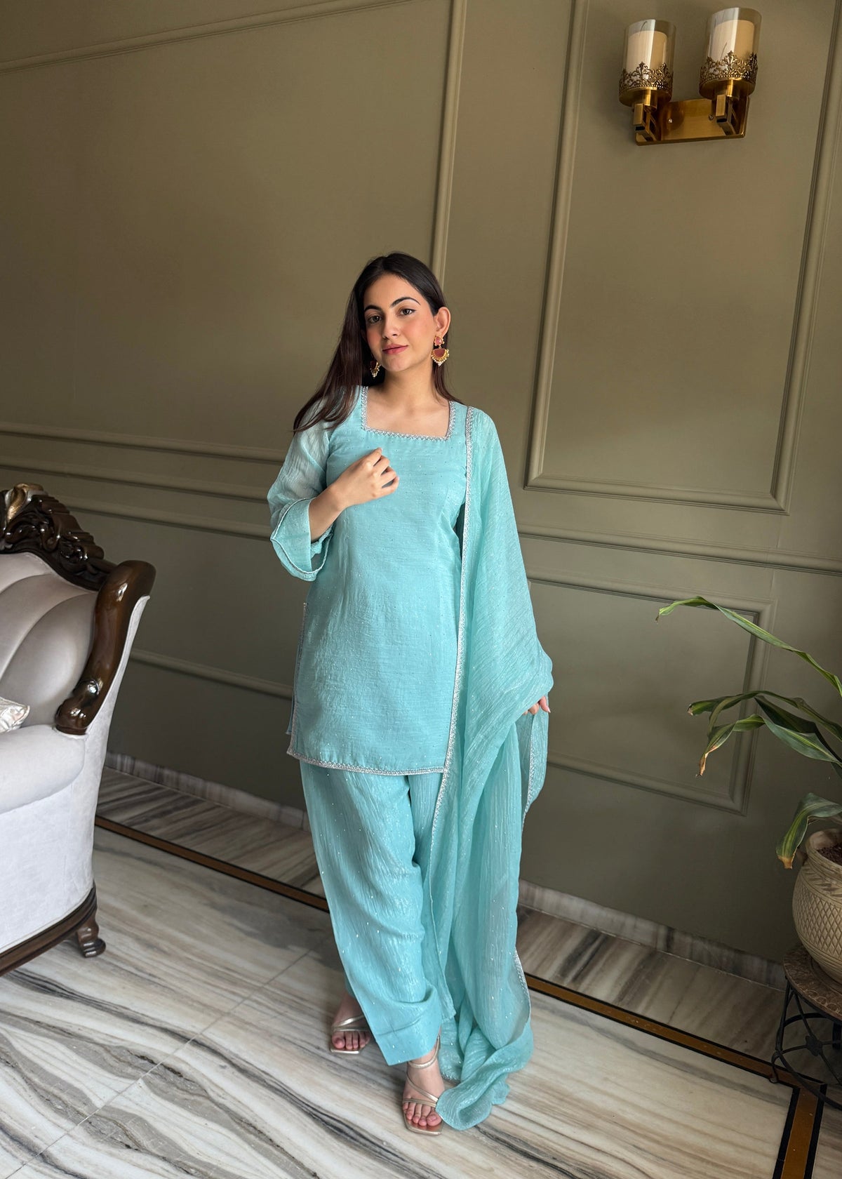 Skyblue Crunchy Silk Kurta Salwar Set with Siroski Work and Lace