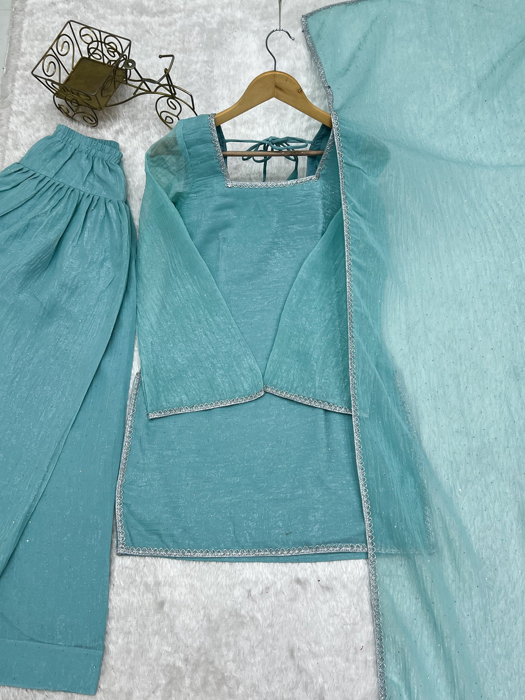 Skyblue Crunchy Silk Kurta Salwar Set with Siroski Work and Lace