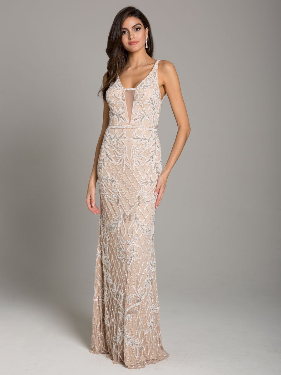 Lara Beverly Long Beaded Low Back V Neck Sleeveless Dress