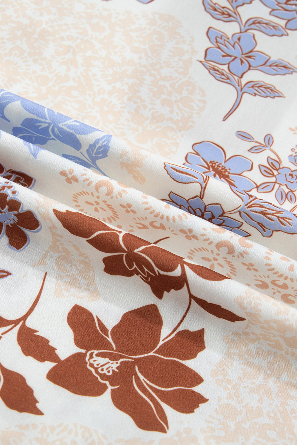 Floral Colorblock Collared V-Neck Long Sleeve Blouse