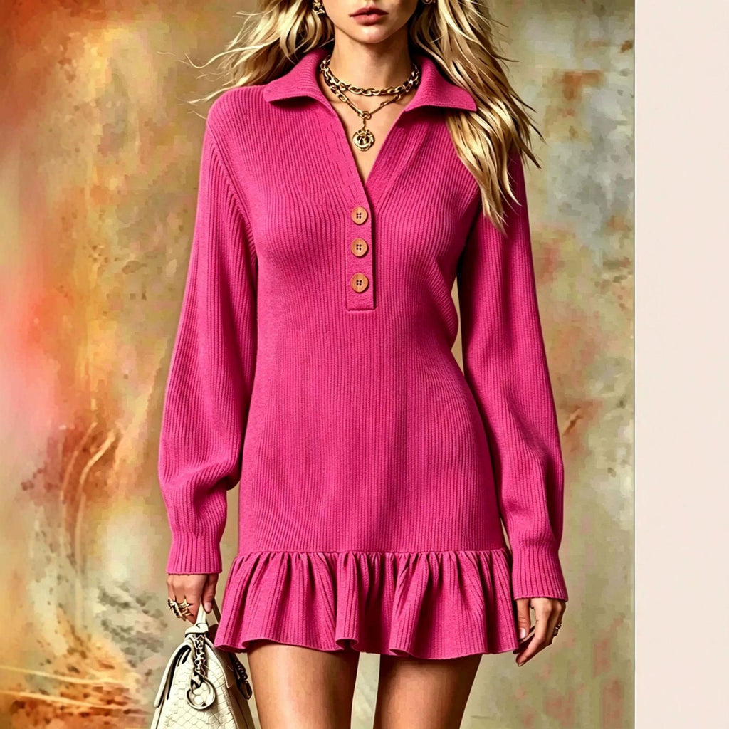 Ribbed Knit Polo Dress | Ruffle Hem Mini | Button-Neck Long Sleeve Dress