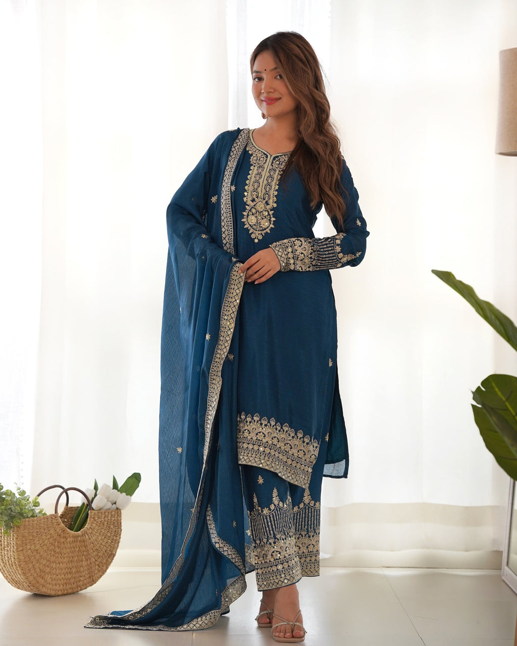 Teal Chinon Silk Embroidered Kurta Pant Set with Dupatta