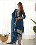 Teal Chinon Silk Embroidered Kurta Pant Set with Dupatta